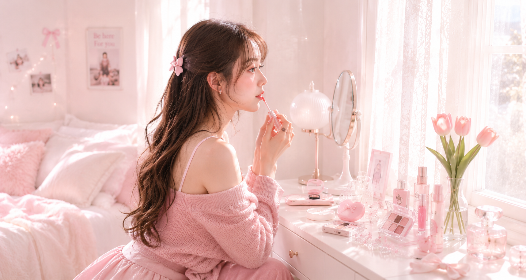 鏡の前でメイクを楽しむCUTE MODEのビジュアル