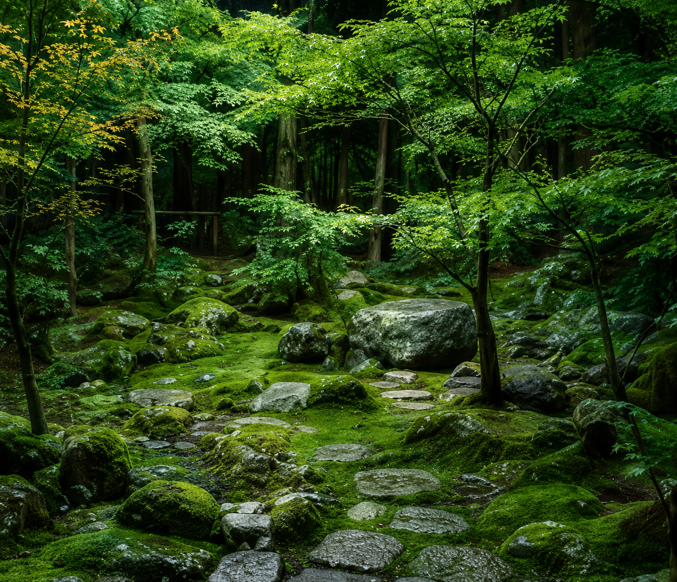 苔と木々に囲まれた大原の庭
