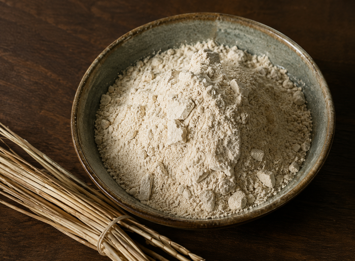 器に盛られた挽きたての蕎麦粉