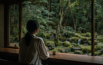 古民家の窓際で、苔庭を眺めながら木のカウンターに座る女性