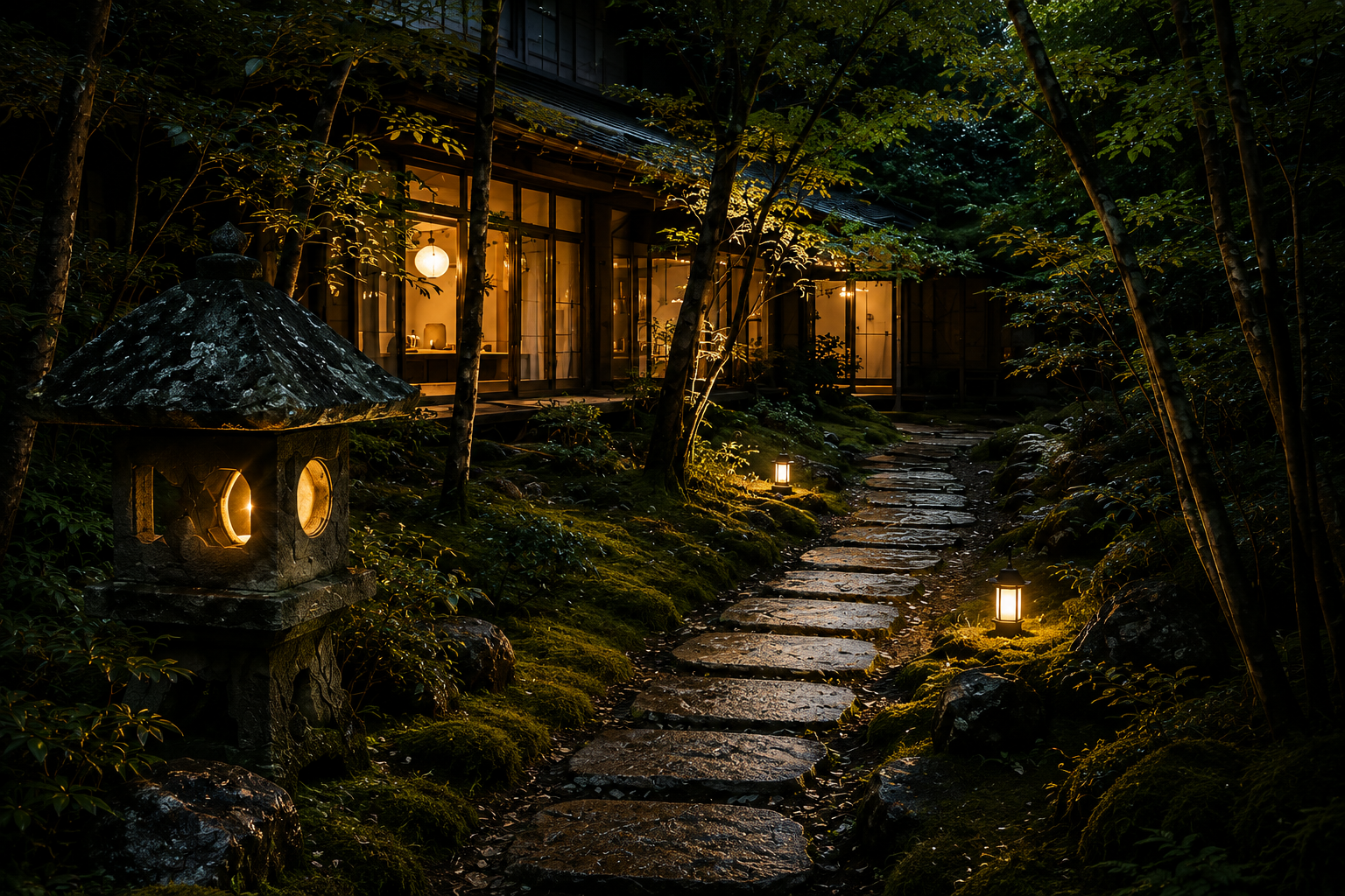 暖かな灯りがともる古民家へ続く夜の苔庭と石畳