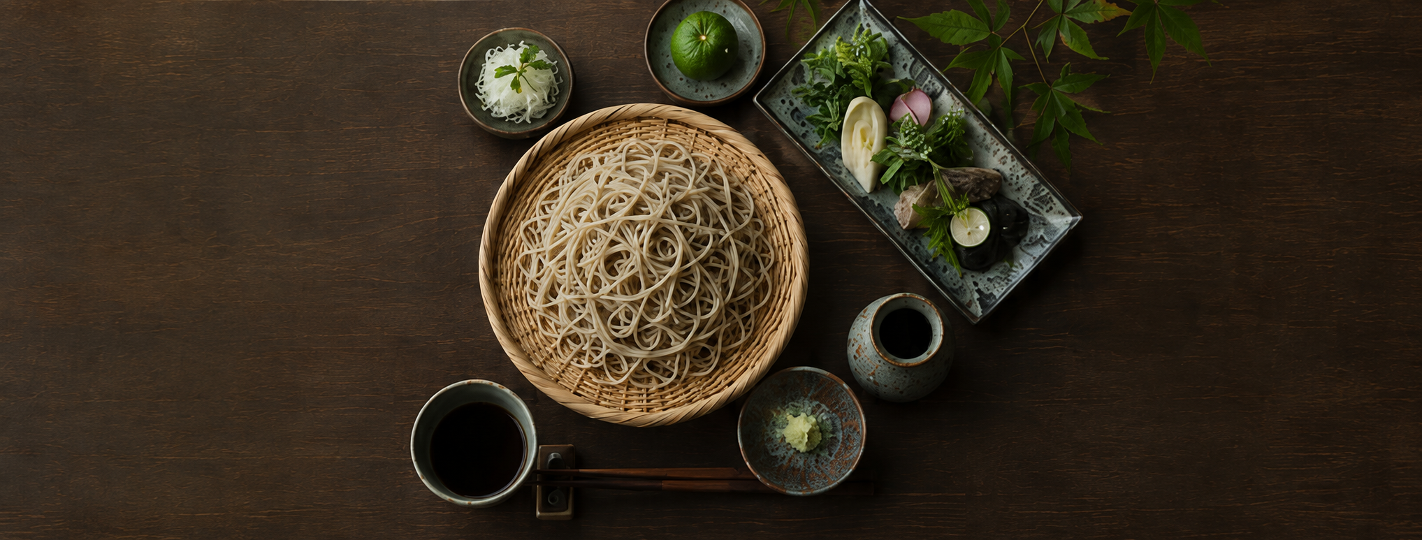 青柚子や京野菜を添えた夏の蕎麦膳を真上から見た様子