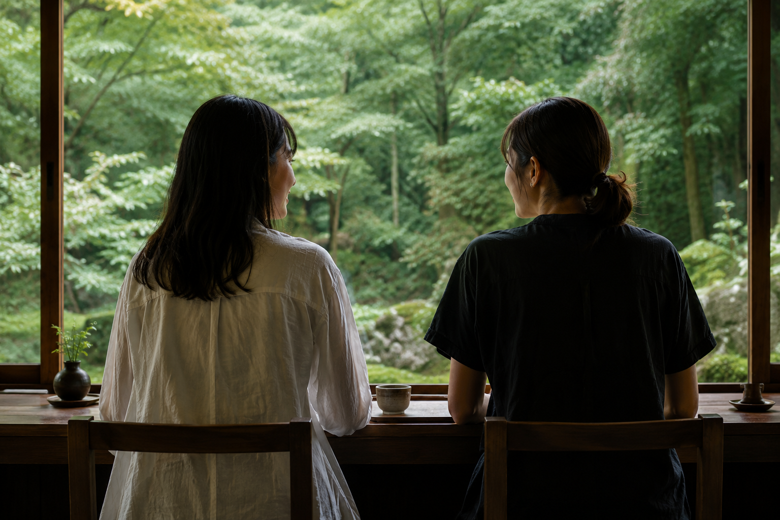 庭を眺める窓際席で会話を楽しむ二人の女性