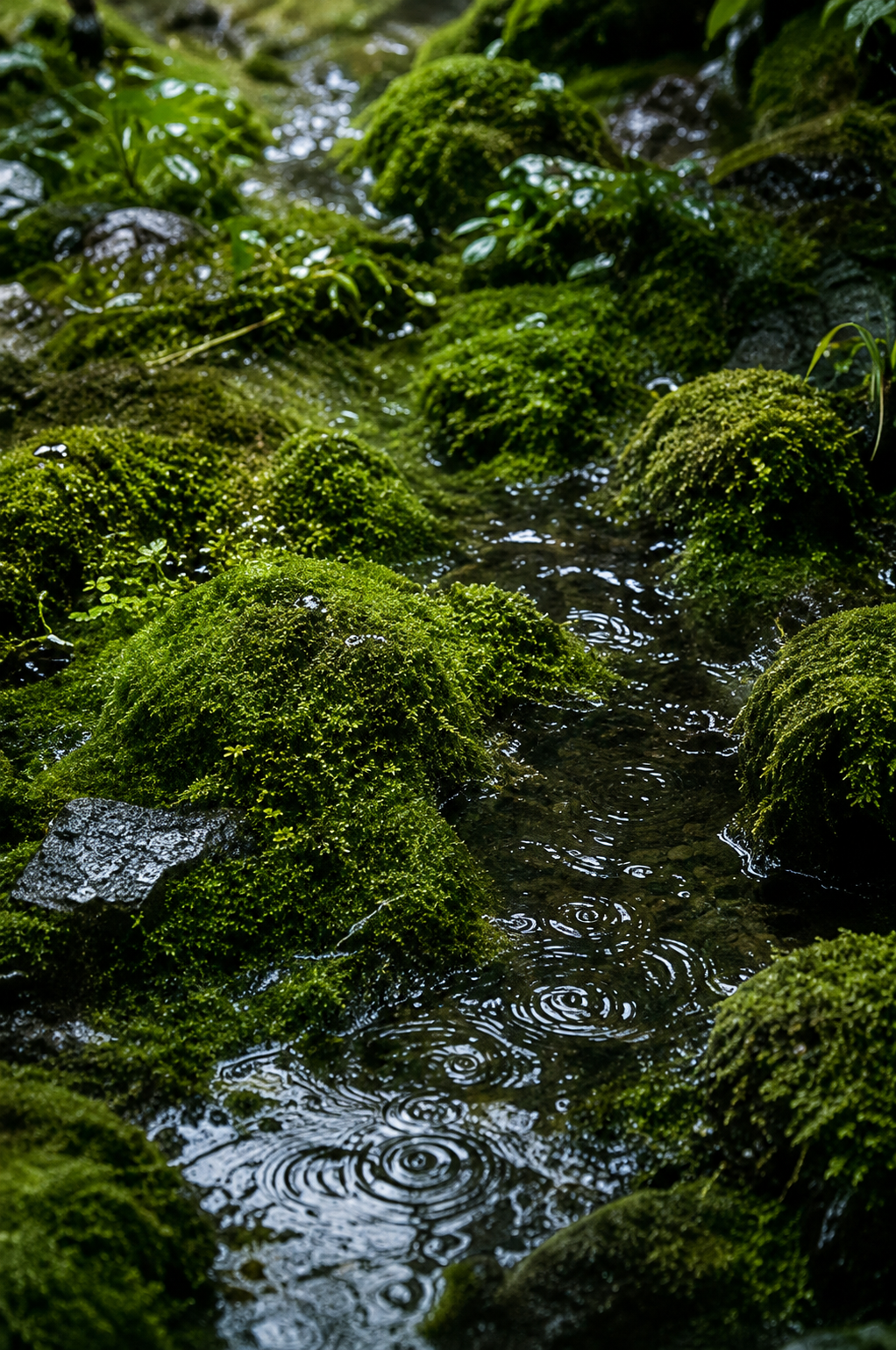雨粒が水面に広がる苔むした庭
