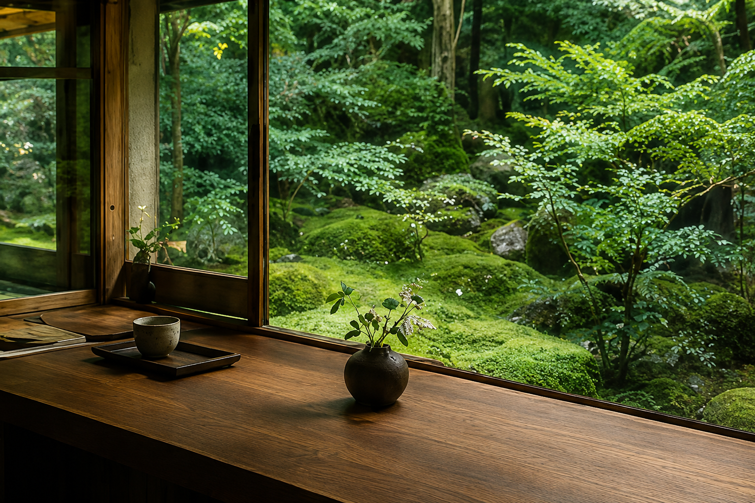 苔庭を望む古民家の窓際カウンター席